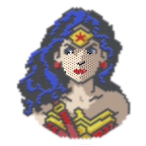 May include: A beaded image of Wonder Woman, a superheroine, with a blue and black wig, red lips, and a gold and red costume.