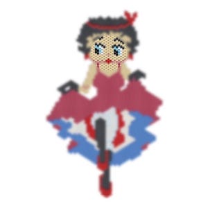 May include: A red, white, and blue beaded figure of a woman wearing a red dress and a white headband. The figure is in a dancing pose with her arms outstretched.