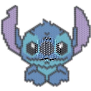 May include: A blue and purple pixel art character with large ears and a single blue eye. The character is smiling and has its arms crossed in front of it.