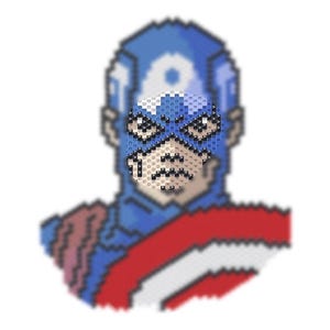 May include: Pixelated Captain America portrait. The image features a blue helmet with a white star, a blue mask, and a red, white, and blue shield. The artwork is created using small, colorful beads, giving it a unique, textured appearance.