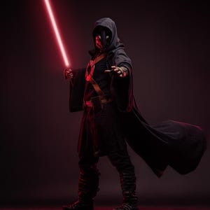 Könnte beinhalten: Eine Person in einem schwarzen Kapuzenmantel und einer Maske, die ein rotes Lichtschwert hält. Das Kostüm umfasst ein Bruststück, einen Gürtel und schwarze Stiefel. Der Hintergrund ist dunkelrot.