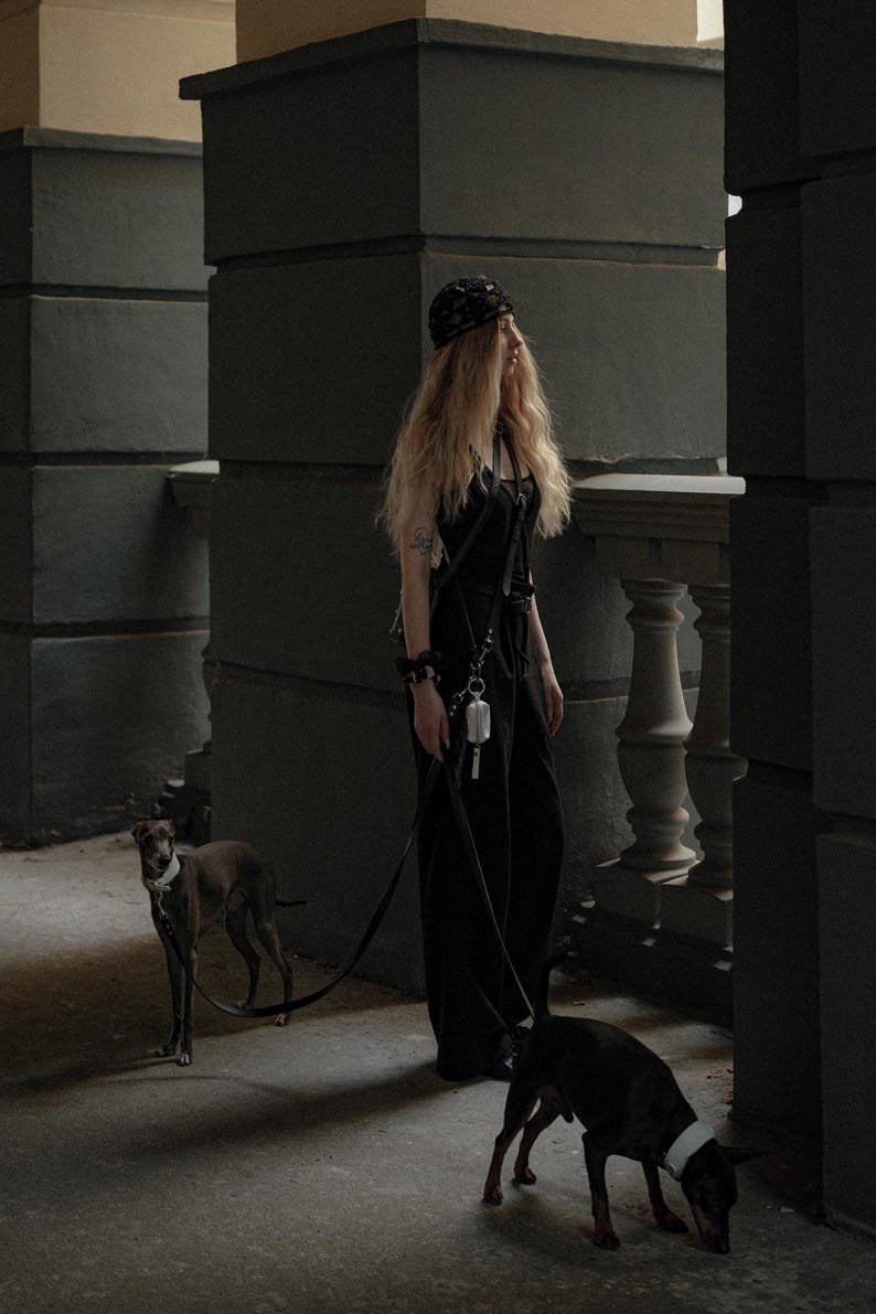 Op de afbeelding: Een zwarte jumpsuit met een harnas, een zwarte hoofddoek met patroon en een klein wit tasje aan een riem. Er zijn twee honden aanwezig, een bruine en een zwarte, beide met witte halsbanden en zwarte riemen die door de drager worden vastgehouden.