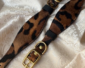 Leopard Print Hair-On Hide Leather Dog Collar, Italian Greyhound Collar .