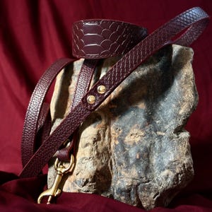 Peut inclure: Une laisse pour chien en cuir bordeaux foncé avec un motif texturé en peau de serpent sur la poignée et une sangle en cuir grainé lisse. La laisse comprend un mousqueton pivotant en laiton poli et deux rivets métalliques dorés.