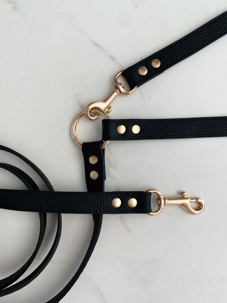 Op de afbeelding: Een zwarte leren hondenriem met een multifunctioneel ontwerp en goudkleurige metalen hardware. De riem is voorzien van een centrale gouden ring, meerdere draaibare musketonhaken en gouden klinknagels die de leren banden stevig verbinden.
