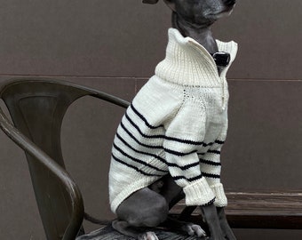 Half zip Knitted Sweater for Italian greyhounds and whippets . Handmade knit sweater with stripes. Breton sweater