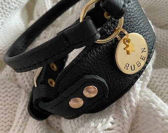 Genuine leather set . Wide PawshCollar + Thin House collar and a nametag, ID tag, dog tag