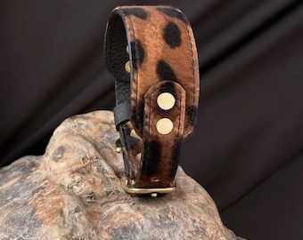 Leopard Print Hair-On Hide Leather Dog Collar, Italian Greyhound Accessory