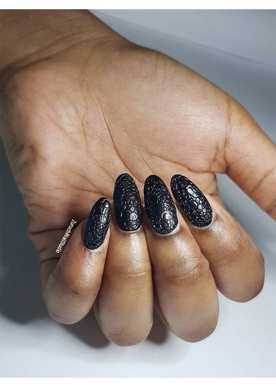 Anti Valentine's Black Nails With Snake Skin Nail Art | Etsy