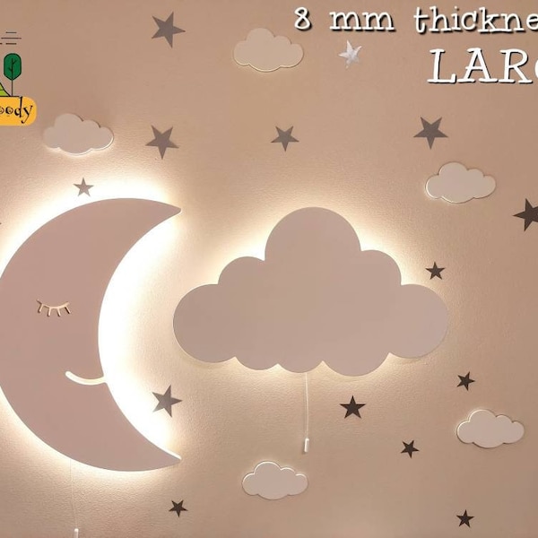 Set of 2 NURSERY Wall LIGHT / 1 Moon + 1 Cloud / Nursery Lighting Decor / Baby Kids Room Night Light / Children Lamp