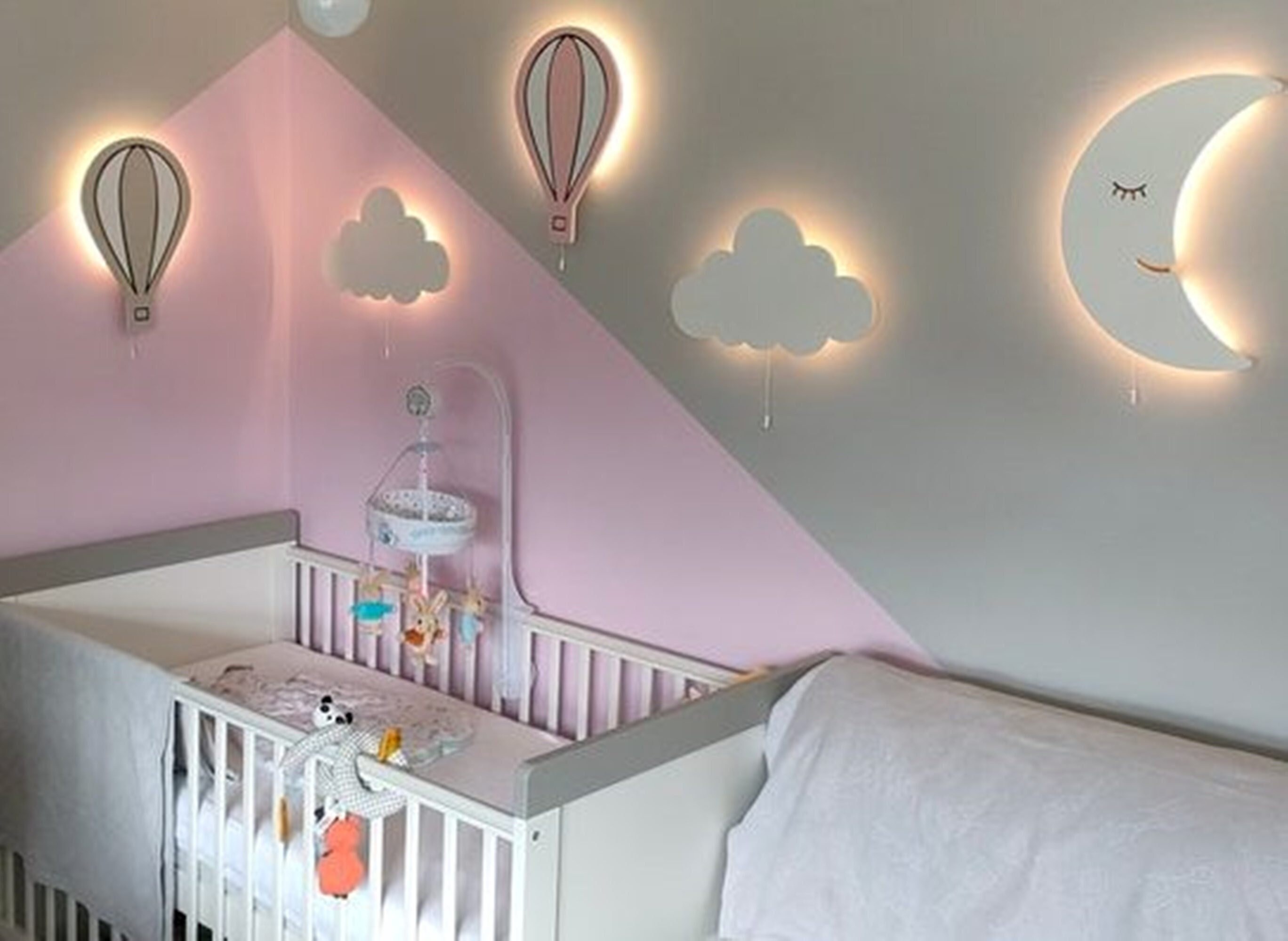 Set Of 5 Nursery Wall Lights 1 Moon 2 Clouds 2 Hot Air Etsy