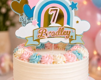 Gepersonaliseerde regenboog taarttopper met naam | Pastelkleurige decoratie voor een 7e verjaardagsfeest