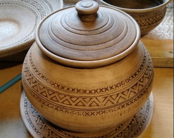 Without glaze Pot, Clay Pot with Lid, Rustic, Ukraine Pottery, Terracotta Pots, Pot for Cooking, Tripilla Pattern, ECO