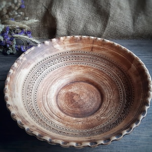 Rustic Serving Pottery Bowl,  Terracotta Bowl Slavic Folk Art, Rustic Pottery Plate, Rustic Stoneware Bowl, Large fruit bowl, ECO Home Decor