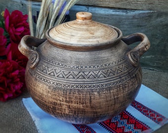 Ukraine Terracotta Pots Rustic Pottery Pots With Lid and Handles Soup Pots Food Storage Pots Rustic Table Setting Eco Cookware 100 fl.oz