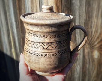 Ukrainian, Folk Art, Rustic Pottery Coffee Mugs With Lid,  Terracotta Coffee Mug 15 fl.oz,  ECO, Pottery Tea Cups, Handmade, Exclusive Gifts