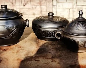 Black Pottery Pot for Cooking, Pottery Bread Pot with lid, Exclusive Handmade, ECO Friendly Cookware Made to Order