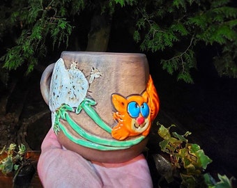 Pottery mug, Cat Mug, Handmade Terracotta, Rustic Mug, Coffee & Tea mug , Clay Mug Spring Cat, Terracotta, Folk Art, Gifts Ideas