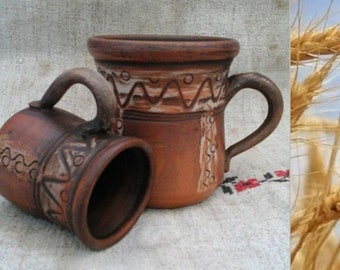 Terracotta mug, Rustic Pottery Coffee Mug /Cup,  8oz, Clay Coffee Mugs Folk Art Slavic, Stoneware, Pottery Workshop
