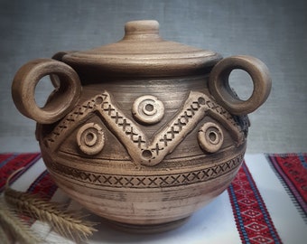 Slavic Folk Art, Rustic Pottery Pots With Lid and Handles 3L/ 101.4 fl oz Pot Pottery, Cooking Pots, Terracotta Pots, Rustic Serving, ECO