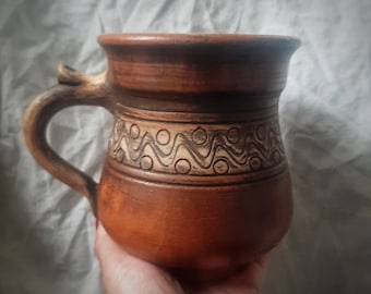 Pottery from Ukraine, ECO, Rustic Terracotta Mug 16 fl.oz, Pottery Rustic Mug Cup, Clay Mugs Tripilla Ornament  Made to order, Gifts Ideas