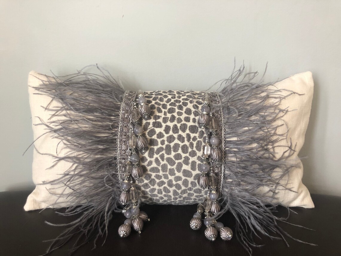 Feathers Lumbar Pillow with gray Ostrich feathers and Etsy