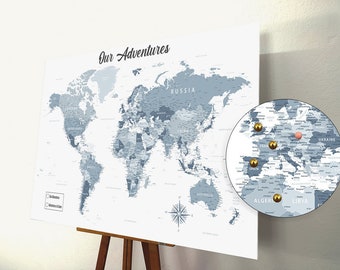 World Map Push Pin, Push Pin Map, World Map Pin board, Cork World Map , Weltkarte, Personalized Gift, Detailed Names, White, Blue & Gray