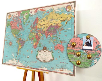 Vintage Push Pin World Map, Personalized Travel Pinboard, Large Cork Board Map, Antique Style Wall Art, Custom Gift for Travelers