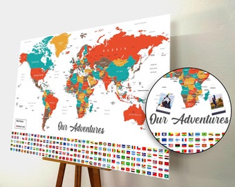 Puntina della mappa del mondo, Mappa dei puntini, Bacheca della mappa del mondo, Mappa del mondo in sughero, Weltkarte, Regalo personalizzato, Bandiere del mondo