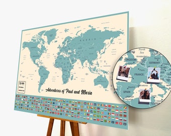 World Map Push Pin, Push Pin Map, World Map Pin board, Cork World Map , Weltkarte, Personalized Gift, Cream White & Blue, Vintage  XL