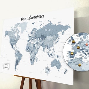 Push Pin World Map - Light Blue (Detailed) - Push Pin Travel Maps