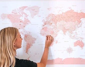 Pink Push Pin World Map, Personalized Travel Map, Cork Board Wall Art, Custom Gift for Her