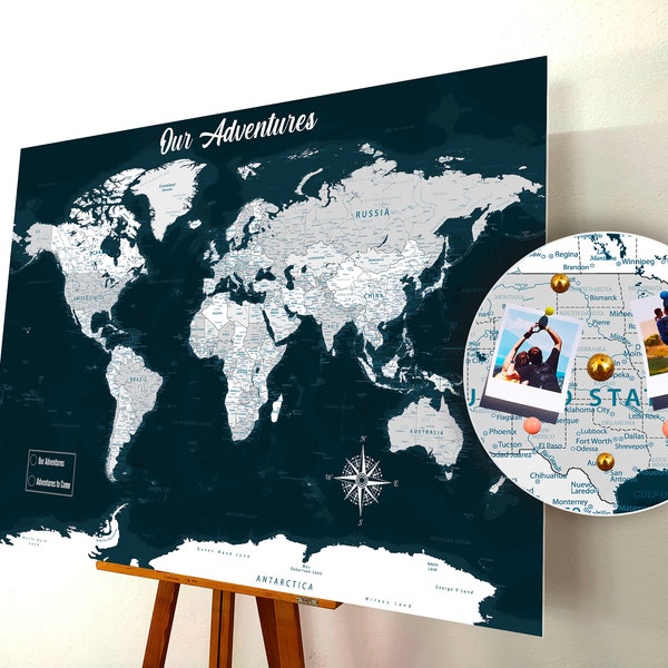 Weltkarte Push Pin, Push Pin Karte, Weltkarte Pinnwand, Weltkarte aus Kork, Weltkarte, personalisiertes Geschenk, detaillierte Namen, Vintage
