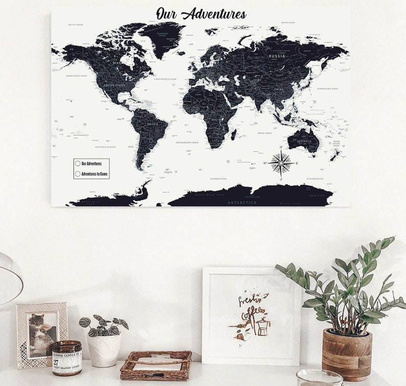 Push Pin World Map, Push Pin Map, World Map Pin board, Cork World Map, Weltkarte, Personalized Gift, Black and White image 6