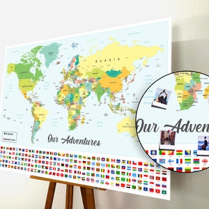 Carte du monde avec punaises, carte avec punaises, tableau avec épingles de carte du monde, carte du monde en liège, carte graphique, cadeau personnalisé, drapeaux du monde stylisés