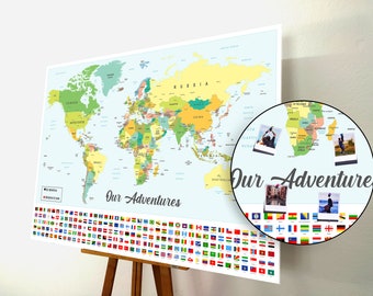 Puntina della mappa del mondo, Mappa dei puntini, Bacheca della mappa del mondo, Mappa del mondo in sughero, Weltkarte, Regalo personalizzato, Bandiere del mondo stilizzate