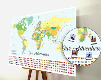 World Map Push Pin, Push Pin Map, World Map Pin board, Cork World Map , Weltkarte, Personalized Gift, World Flags stylized