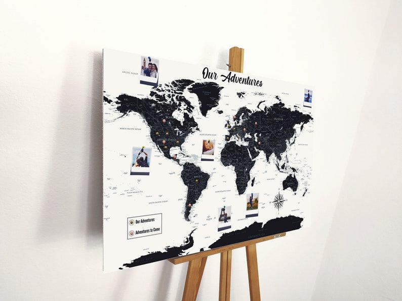Push Pin World Map, Push Pin Map, World Map Pin board, Cork World Map, Weltkarte, Personalized Gift, Black and White image 5