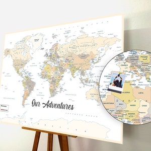 Carte du monde avec punaises, carte avec punaises, tableau avec épingles de carte du monde, carte du monde en liège, carte graphique, cadeau personnalisé, noms détaillés, crème