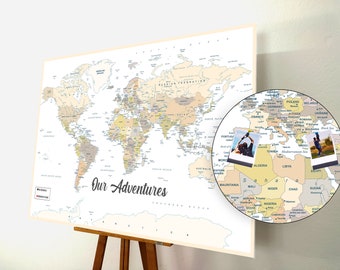 World Map Push Pin, Push Pin Map, World Map Pin board, Cork World Map , Weltkarte, Personalized Gift, Detailed Names, Cream