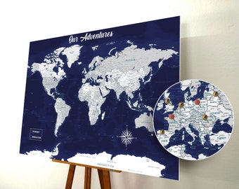 World Map Push Pin, Push Pin Map, World Map Pin board, Cork World Map , Weltkarte, Personalized Gift, Detailed Names, Highly Detailed, Navy