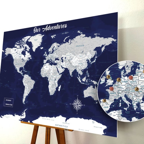 World Map Push Pin, Push Pin Map, World Map Pin board, Cork World Map , Weltkarte, Personalized Gift, Detailed Names, Highly Detailed, Navy