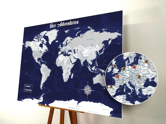 World Map Push Pin, Push Pin Map, World Map Pin Board, Cork World Map,  Weltkarte, Regalo Personalizado, Nombres Detallados, Navy 