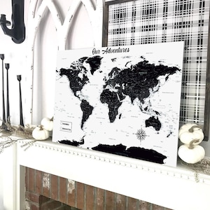 Push Pin World Map, Push Pin Map, World Map Pin board, Cork World Map, Weltkarte, Personalized Gift, Black and White image 7