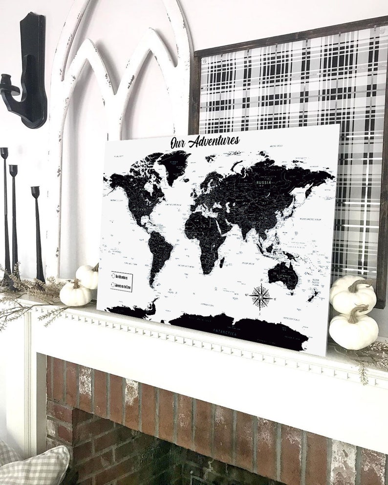 Push Pin World Map, Push Pin Map, World Map Pin board, Cork World Map, Weltkarte, Personalized Gift, Black and White image 7