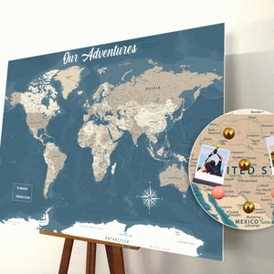 Push Pin World Map, Push Pin Map, World Map Pin board, Cork World Map, Weltkarte, Personalized gift, Detailed names, Beige