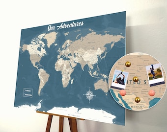 Carte du Monde pour épingles, Carte à épingler, Tableau du Monde, Carte du Monde en liège, Cadeau personnalisé, Noms détaillés, Beige