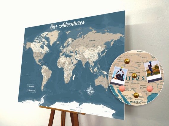 Large World Map Push Pin Executive Style 24x36 or 24x16 Customized Pin  Board Mounted on 3/16 Foam Board Modern Map Print Travel Map 