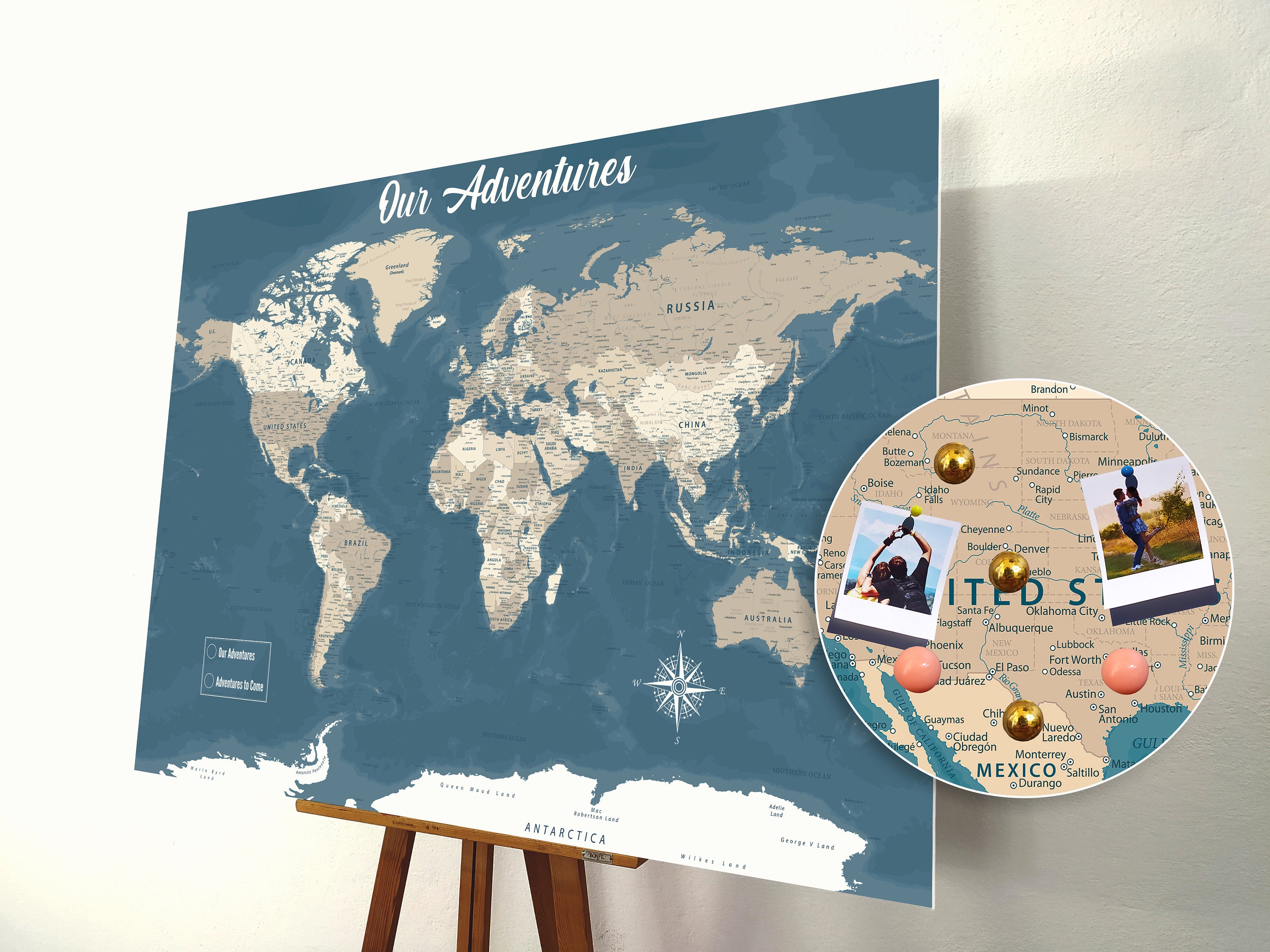 World Travel Map Pin Board with Push Pins: Light Blue Color Splash