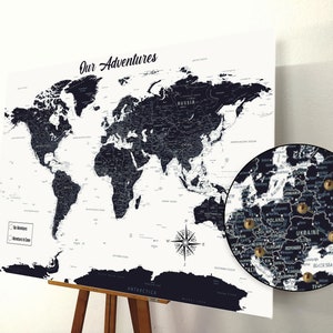 Push pin wereldkaart, push pins kaart, wereldkaart prikbord, wereldkaart kurk, wereldkaart, gepersonaliseerd cadeau, zwart-wit
